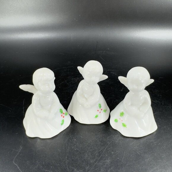 ENESCO Porcelain ANGEL Figurines CHRISTMAS Small Miniature Set 3 Holly Leafs VTG - Picture 9 of 12